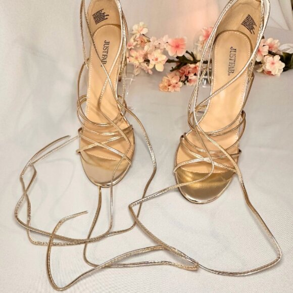 Light Gold, Heeled, Gladiator, Wrap Sandals, Size 9 - Picture 4 of 10